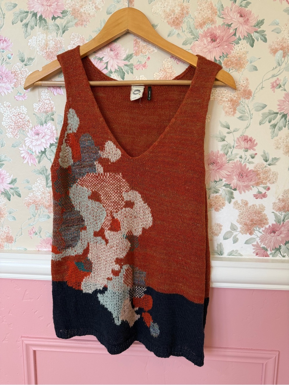 Anthropologie Rust Multi-Pattern V-Neck Sleeveless Sweater - Picture 1 of 4